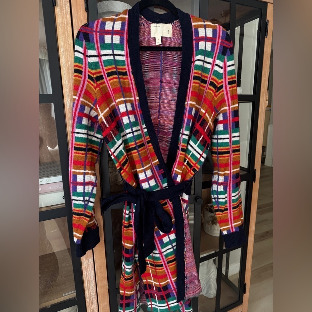 Anthropologie Moth Williston Plaid cardigan colorful knit tie waist coat sweater - Picture 9 of 12